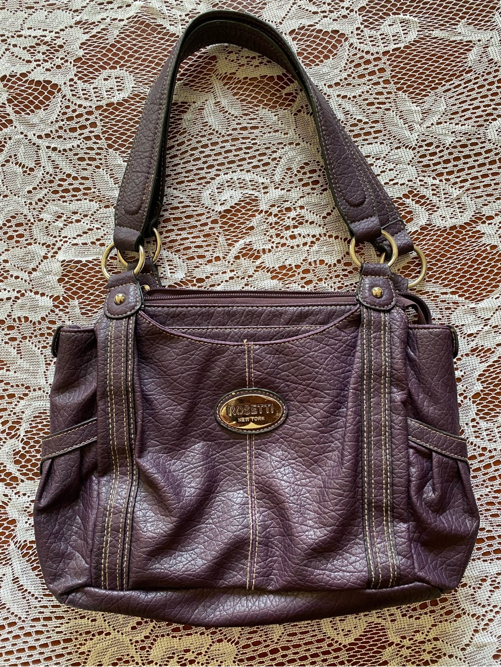 Rosetti Plum Leather Shoulder Tote with Gold Accents